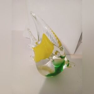 Vintage Art Glass Green And Yellow Angel Fish Art Glass Figurine Paperweight